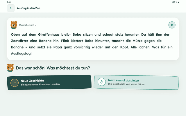 Murmel-App: Das Ende der Zoo-Geschichte, darunter „Das war schön! Was möchtest du tun?“ mit „Neue Geschichte“ und „Noch einmal abspielen“.