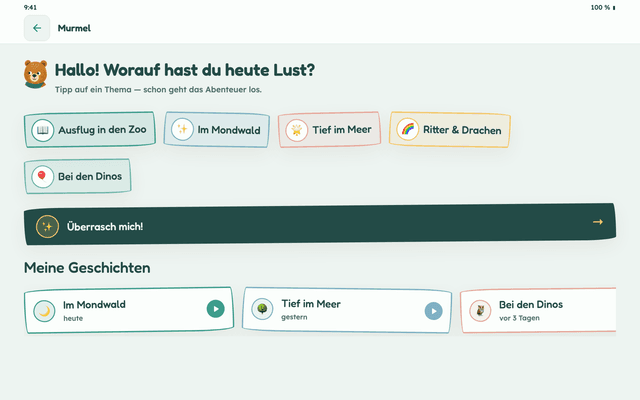 Murmel-App: Themen wie „Ausflug in den Zoo“, „Im Mondwald“ und „Ritter & Drachen“ zur Auswahl, darunter der Knopf „Überrasch mich!“