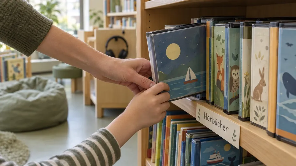 Die Hand eines Erwachsenen und eine Kinderhand ziehen gemeinsam eine Hörbuch-Hülle mit Mond und Segelboot aus einem Bibliotheksregal; am Regal steht ein Schild „Hörbücher“, im Hintergrund ein Sitzsack und Kopfhörer an einem Haken.