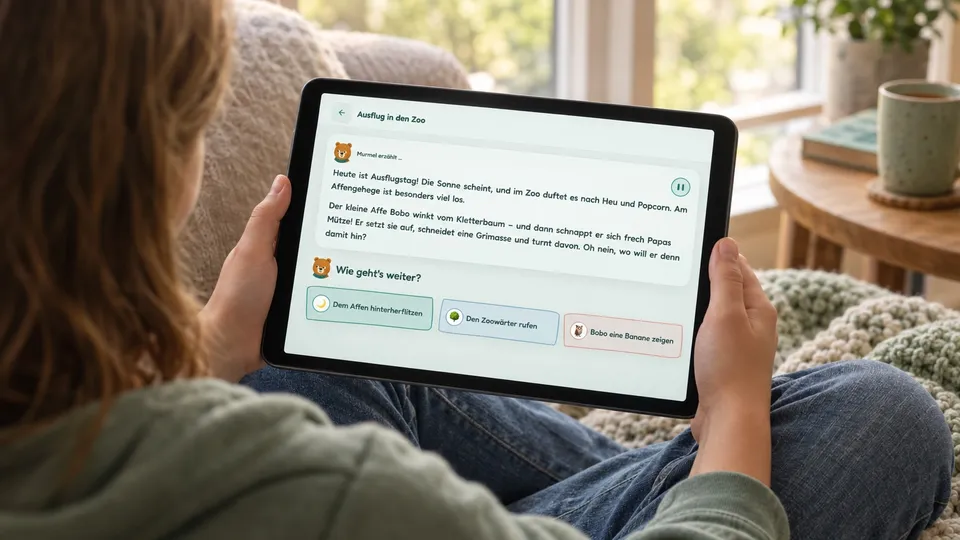 Ein Kind sitzt von hinten gesehen im Schneidersitz auf dem Sofa und hält ein Tablet, auf dem die Murmel-App eine Geschichte zeigt; darunter stehen drei Knöpfe, mit denen es wählt, wie es weitergeht.