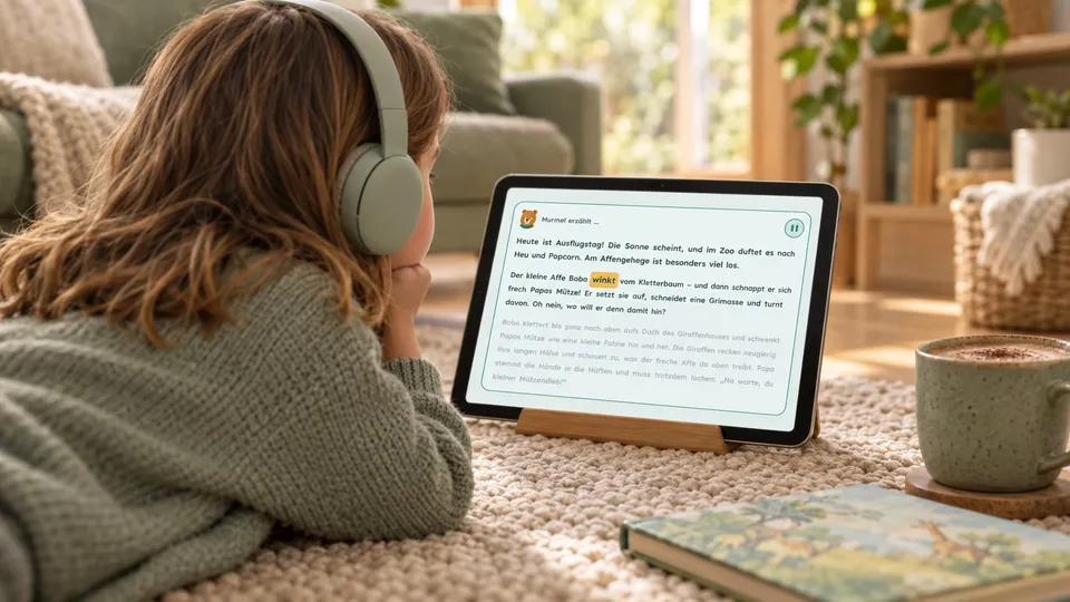 Ein Kind mit Kopfhörern liegt von hinten gesehen auf einem Teppich und hört eine Geschichte; vor ihm steht ein Tablet, auf dem die Murmel-App den Text vorliest und das gerade gesprochene Wort markiert, daneben liegen ein Bilderbuch und eine Tasse Kakao.