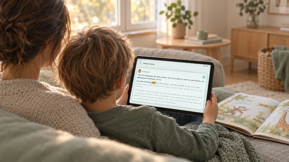 Ein Elternteil und ein Kind sitzen von hinten gesehen auf dem Sofa und schauen auf ein Tablet, das eine Geschichte vorliest und das gerade gelesene Wort farbig markiert; daneben liegt ein aufgeschlagenes Bilderbuch.