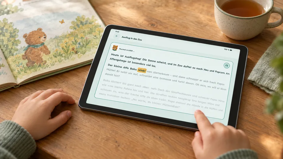 Kinderhände an einem Tablet auf einem Holztisch: Die App liest eine Geschichte vor und hebt das gerade gesprochene Wort „winkt“ farbig hervor.