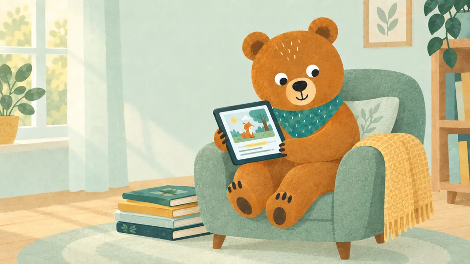 Illustration: Murmel, ein brauner Bär mit grünem Halstuch, sitzt in einem Sessel und schaut auf ein Tablet mit einer Geschichte, neben ihm ein Stapel Bücher.